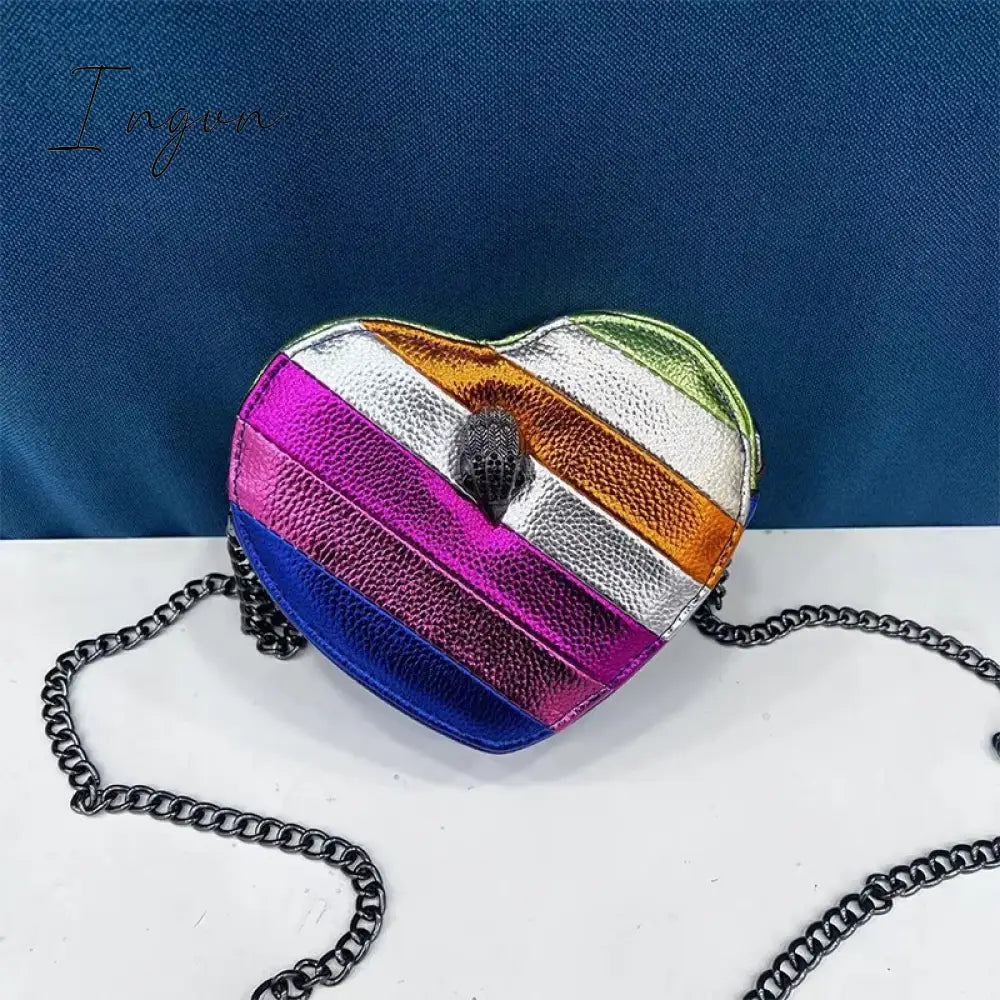 Ingvn - Women Simple Handbag Colorful Heart Shaped Bag 2024 Ladies Metal Shoulder Strap Crossbody Bag Eagle Pattern Design Rainbow Bag