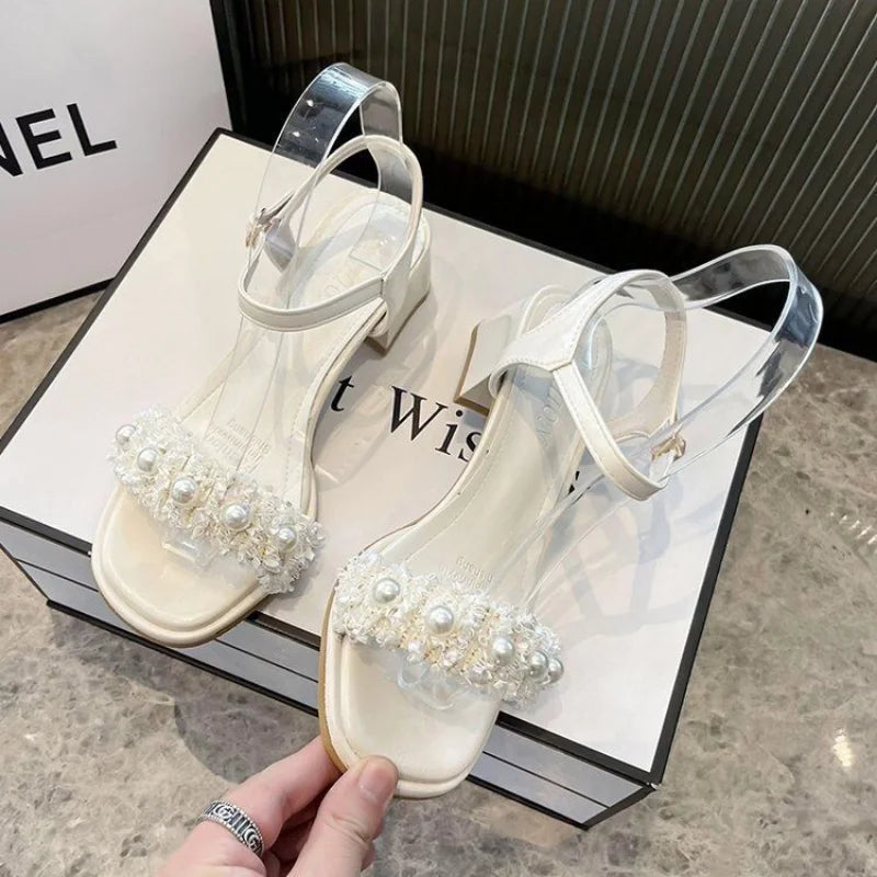 Sandals for Woman Thick Heel Block Women's Shoes Leather Summer One Word Open Toe Footwear Chunky Vip Sandal The Best