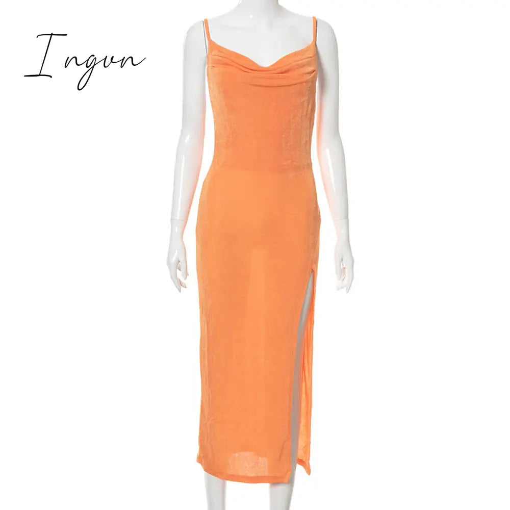 Ingvn - Spaghetti Strap Bodycon Dress Women Sexy Party Sleeveless Backless Solid Side Split Long Robe Elegant Commute Maxi Dresses