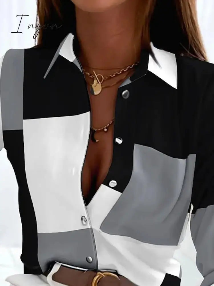 Ingvn - Women's Shirt Blouse Black Gray Color Block Button Print Long Sleeve Casual Basic Shirt Collar