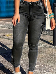 All-Season Stretch Skinny Jeans with Zipper Hem & Multi-Pockets | Casual Machine-Washable Cotton Blend Denim