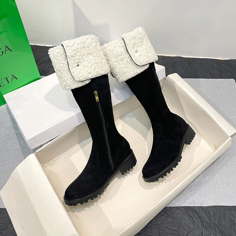 Ingvn  Winter Warm Cotton Women Over The Knee High Boots Slip On Ladies Concise Square Low Heel Long Botas De Mujer