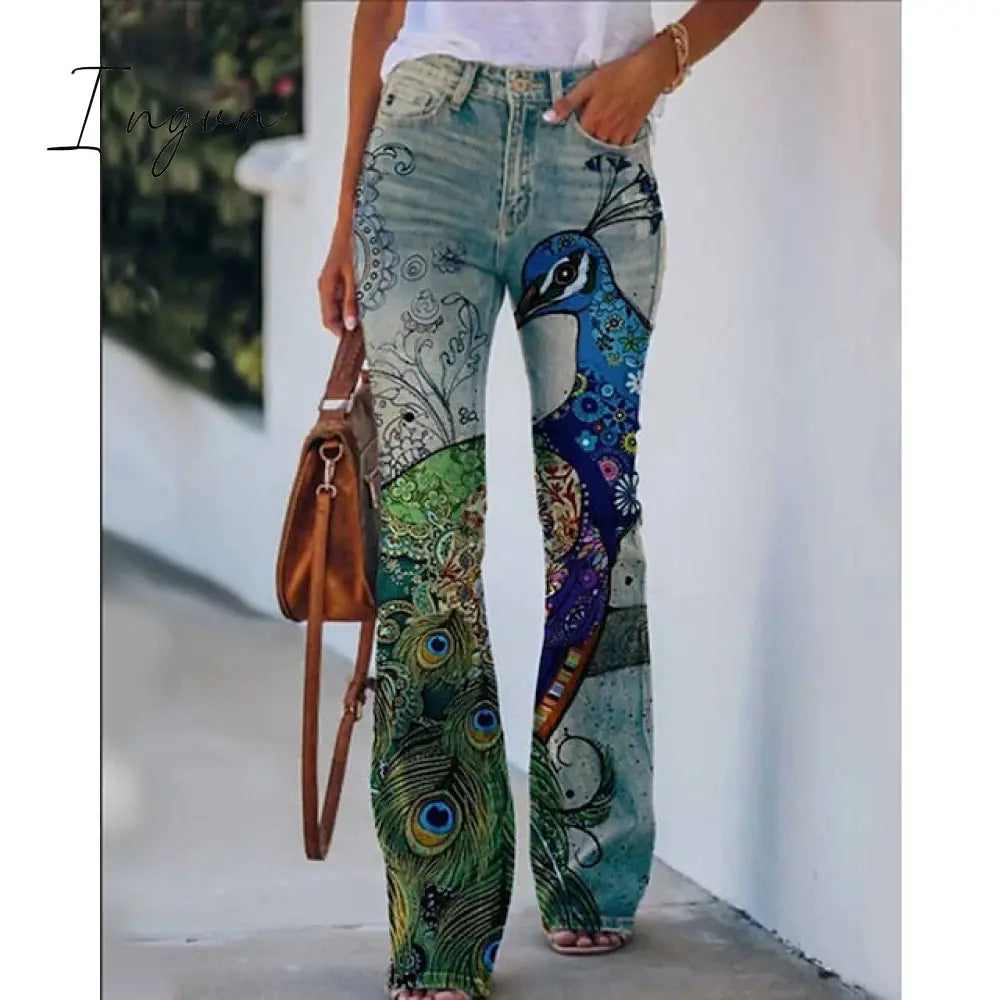 Ingvn - Women's Flared Pants Bell Bottom Pants Trousers Faux Denim Blue Red & White Purple Fashion Halloween Weekend Side Pockets Print Micro-elastic Full Length Comfort Skull S M L XL XXL