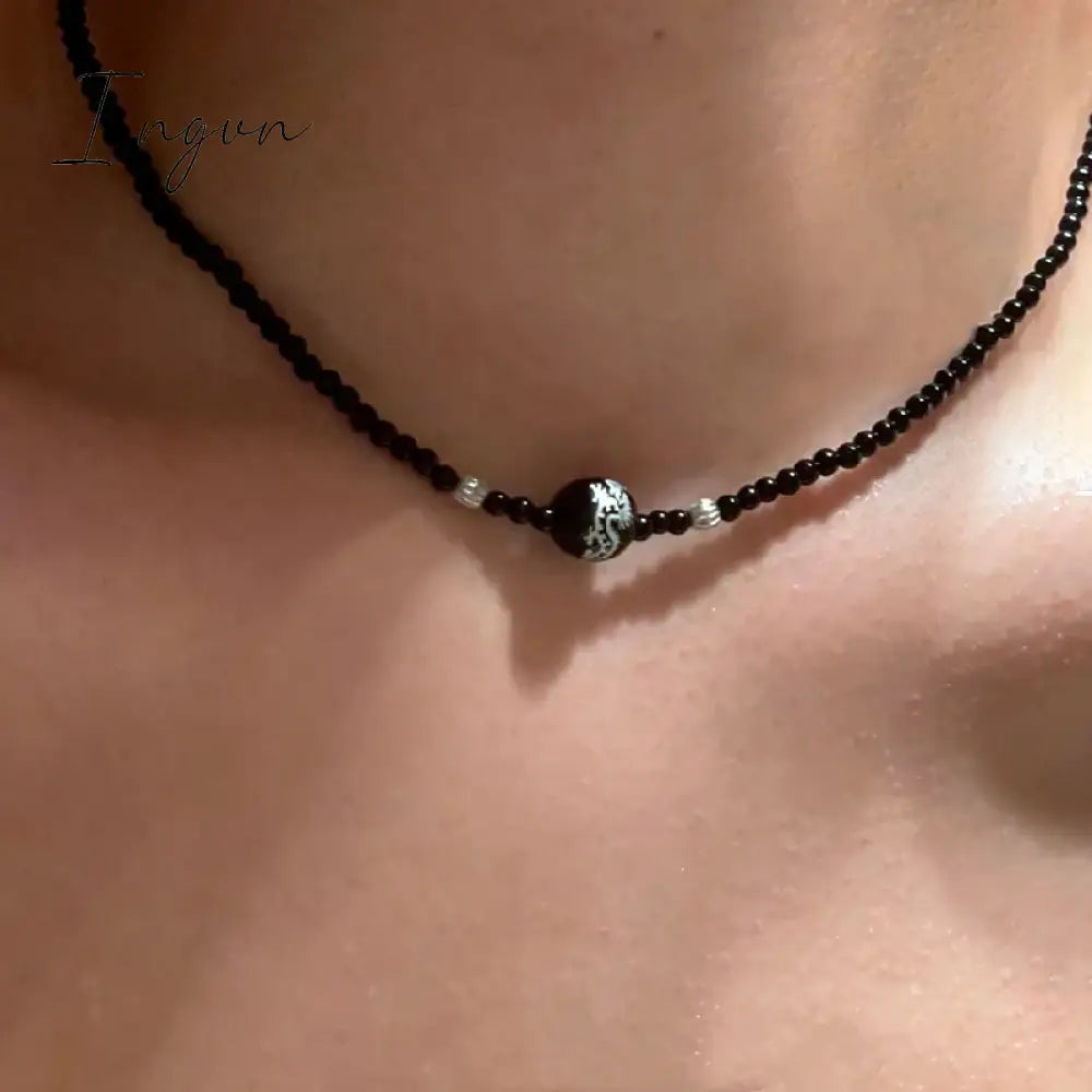Harajuku Dragon Pattern Black Onyx Beads Necklace for Women Men Vintage Trend Y2K Egirl Black Agate Beaded Choker On The Neck