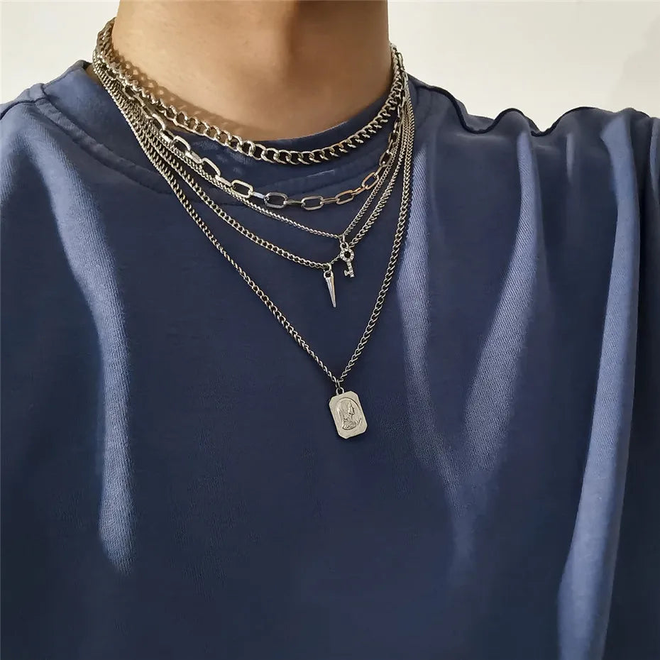 INGVN  Punk Multilayer Chains Chunky Necklace Set Goth Spike Rivet Portrait Key Pendant Necklace Women Men Statement Jewelry