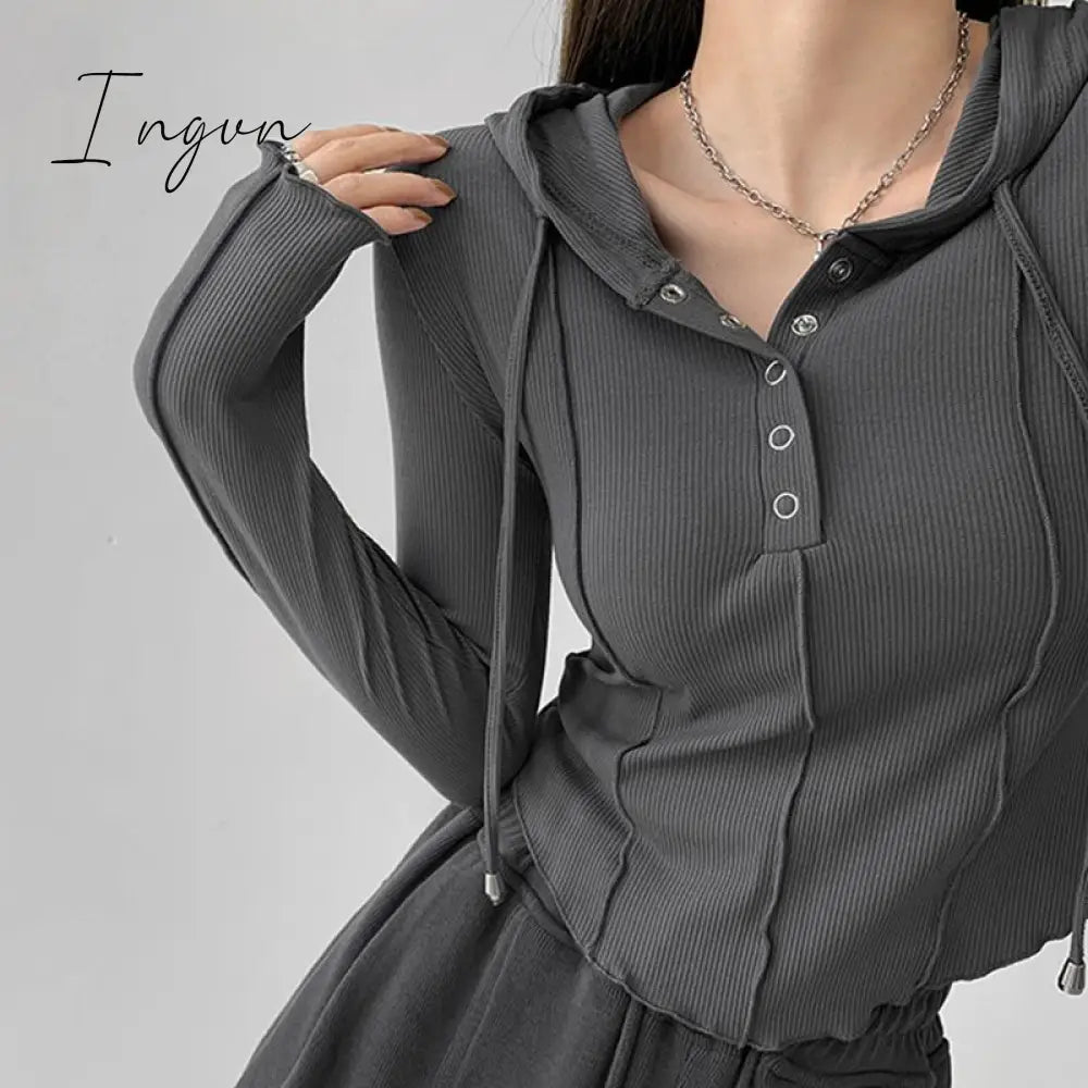Ingvn - Crop Tops 2023 Fashion T-shirts for Women Hooded Sweatshirt Long Sleeve Tees Y2k Clothes Korean Casual Woman Tshirts Ropa Mujer