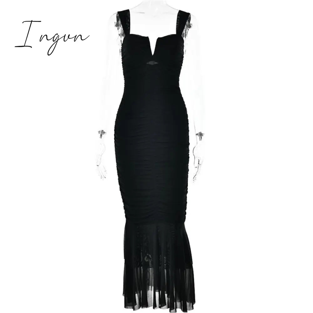 Ingvn - Hollow Out Backless Ruched Maxi Dress For Women Robe Elegant Spaghetti Strap Sleeveless Bodycon Party Long Dress