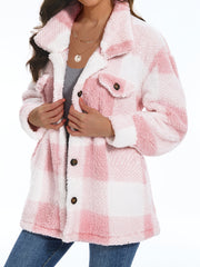 Stylish Plaid Teddy Coat - Women's Casual Jackets with Long Sleeves, Thermal Insulation, and Versatile Button Front Design for Winter Outwear - Soft, Warm, and Cozy