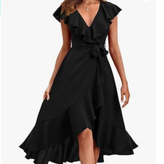 new V-neck short sleeve ruffled long temperament lace-up dress