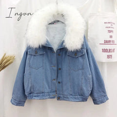 Ingvn - velvet thick denim jacket female winter big faux fur collar Korea denim  coat female student short coat