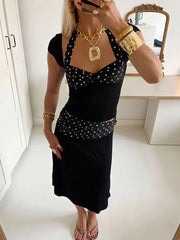 Patchwork Fashion 2 Piece-Set MIni Skirt For Women Lace-Up Contrast Backless Cropped Top And High Waist Skirt Sets Female