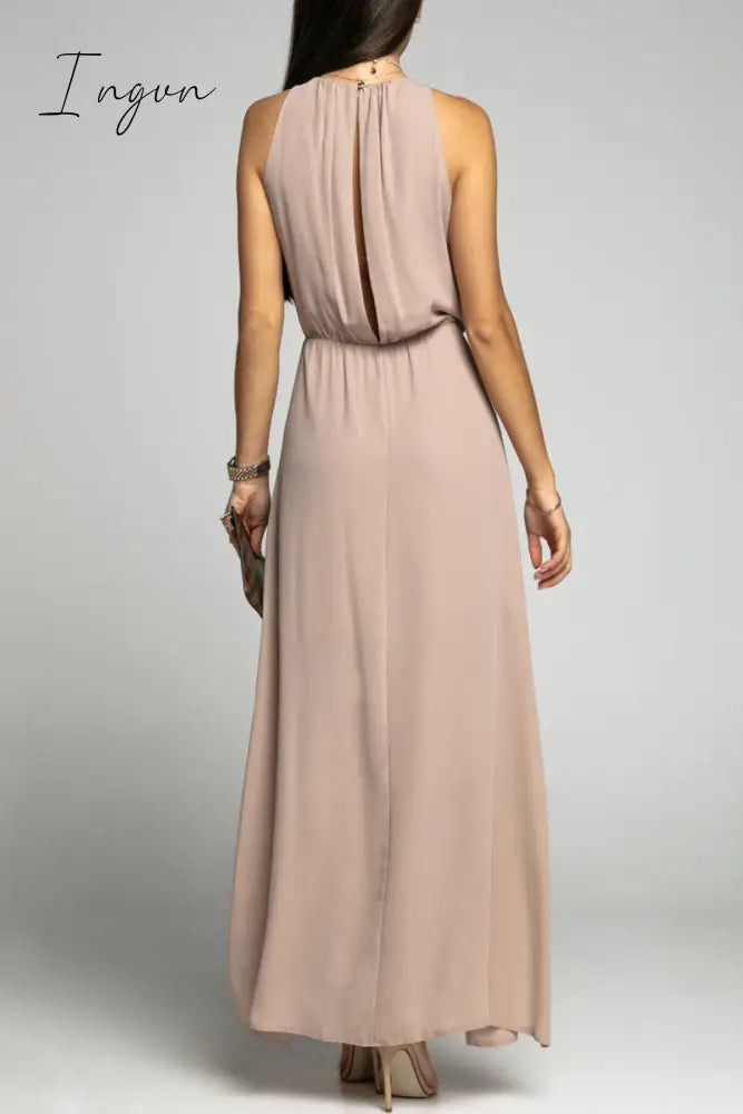 Ingvn - Elegant Solid Backless Slit O Neck Sleeveless Dress Dresses