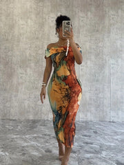 Chic Off-Shoulder Sheath Dress with Abstract Print - Flattering Slim Fit for Spring & Summer - Womens Fashion Essential