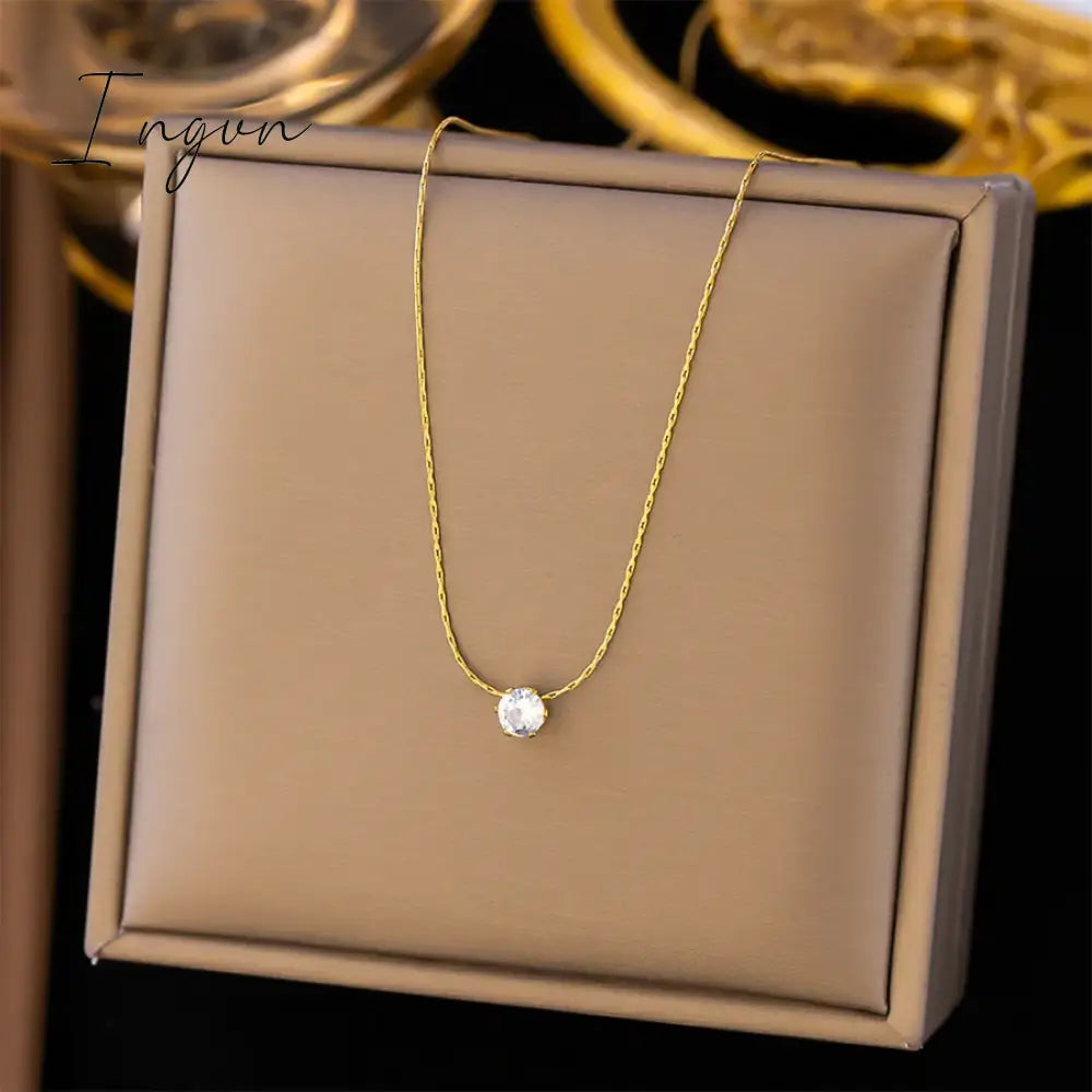 New Trendy Simple Bling Zircon Pendant Necklace for Women Exquisite Stainless Steel Chain Sweet Elegant Party Jewelry Gifts