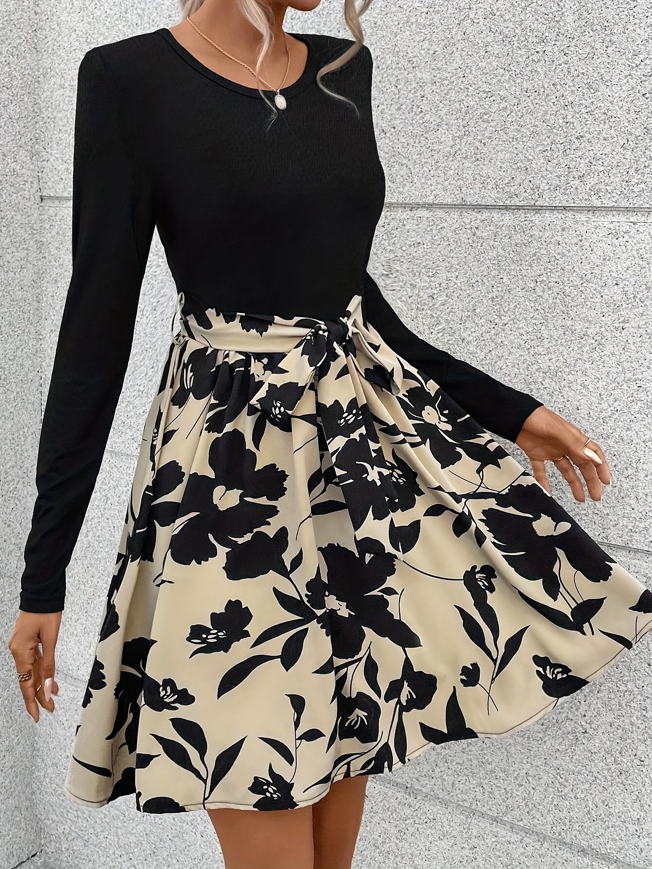 Round Neck Solid Color Long Sleeved T-shirt Paired With Lace Up Printed Mid Length Pleated Skirt, Women's Dress
