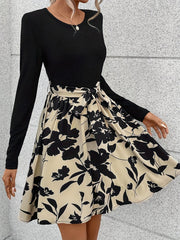 Round Neck Solid Color Long Sleeved T-shirt Paired With Lace Up Printed Mid Length Pleated Skirt, Women's Dress