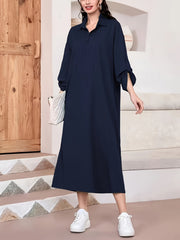 Elegant Women's Solid Textured Half Button Collared Midi Dress with Adjustable Long Sleeves for Spring & Fall