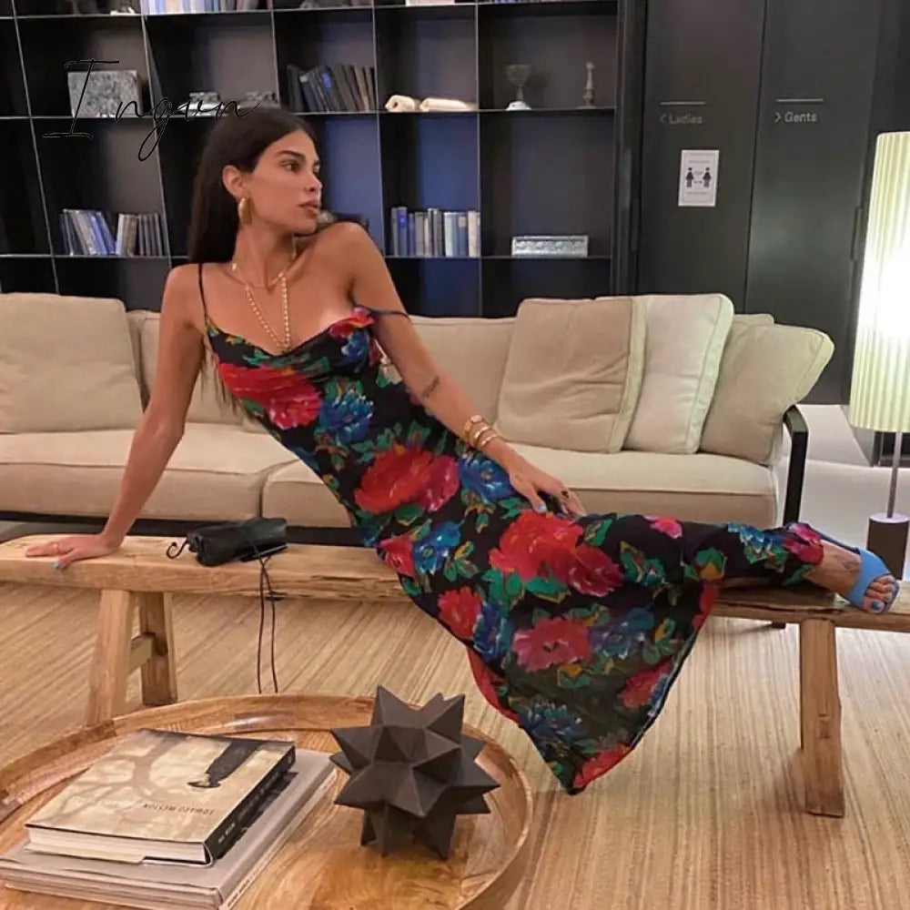 Ingvn - Print Maxi Dress Women Sexy Low Cut Cowl Neck Back Lace Up Sexy Dresses Seaside Party Club Wear Long Dress New