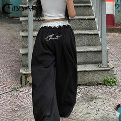 Contrast Lace Stitching Wide Leg Pants Streetwear y2k Low Rise Loose Black Trousers for Women Korean Fashion Baggy Capris
