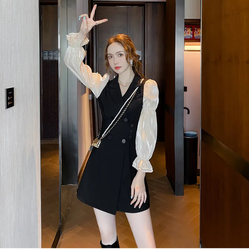 Korean Black Patchwork Short Dresses Women Autumn New Fashion Slim Office Lady Notched Collar Long Sleeves Female Clothing