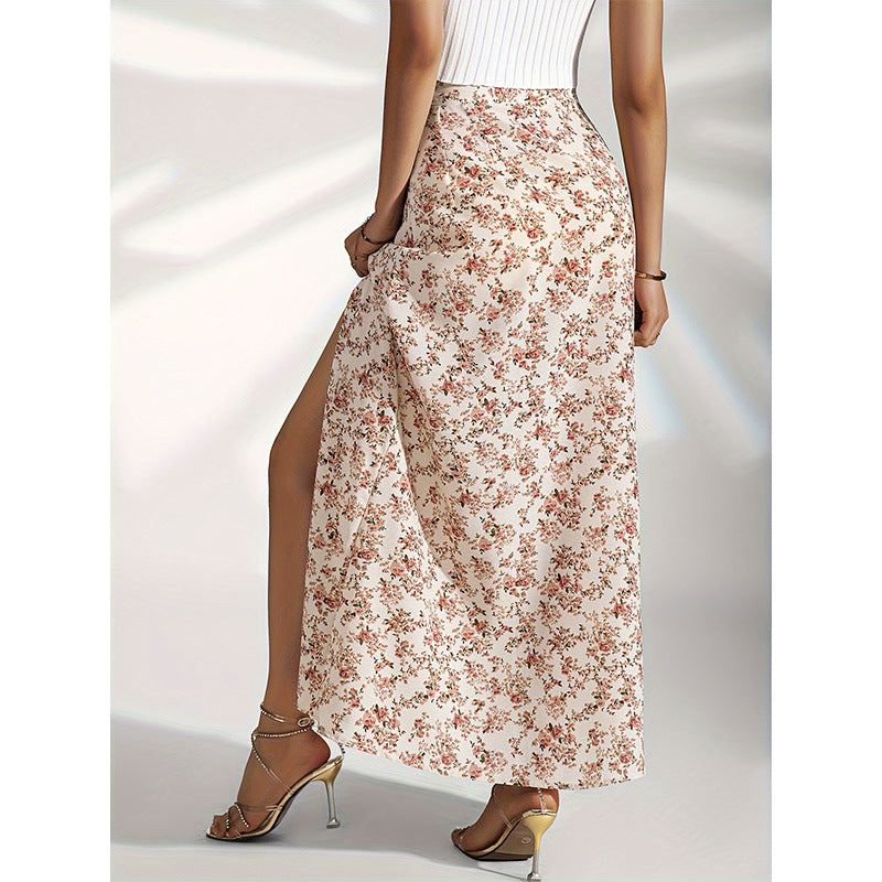High waist slit floral long skirt for women Fashion slim printed skirt