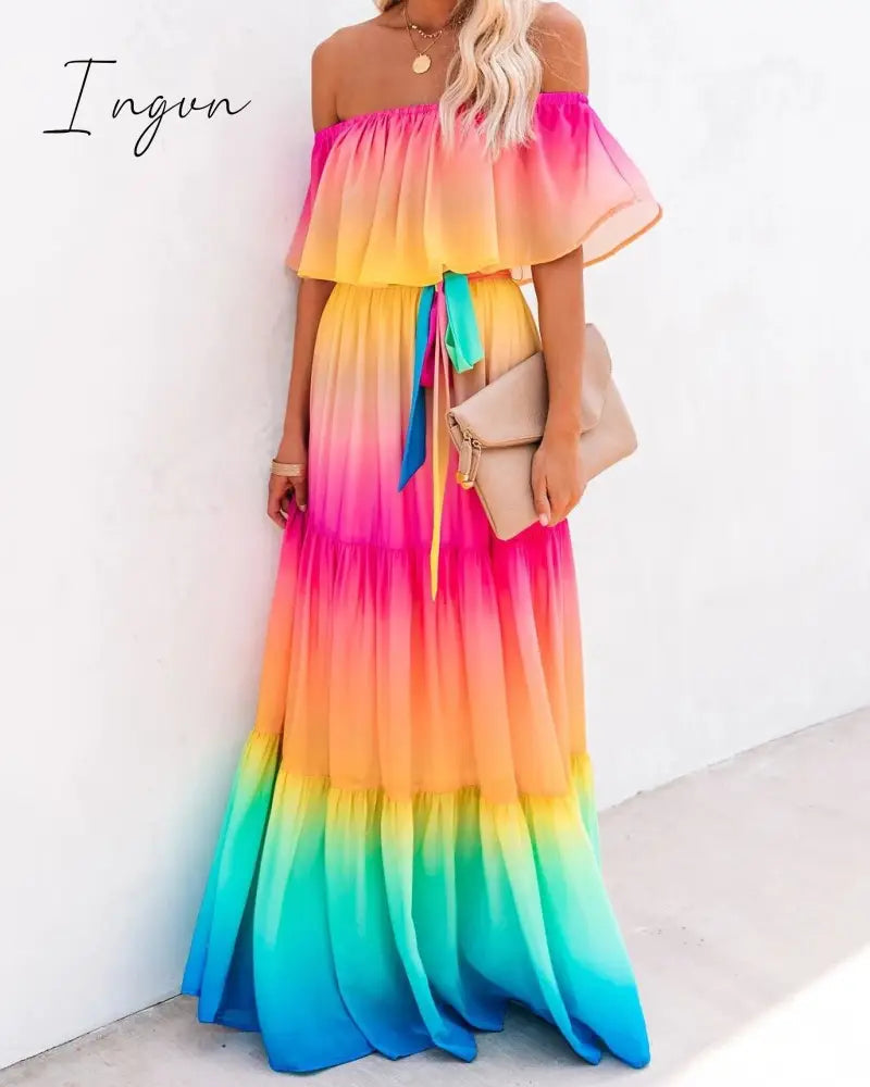 Ingvn - Floral Print Dress Slim Sexy Off The Shoulder Long Dress Irregular Female Streetwear New Dress Casual Autumn And Winter