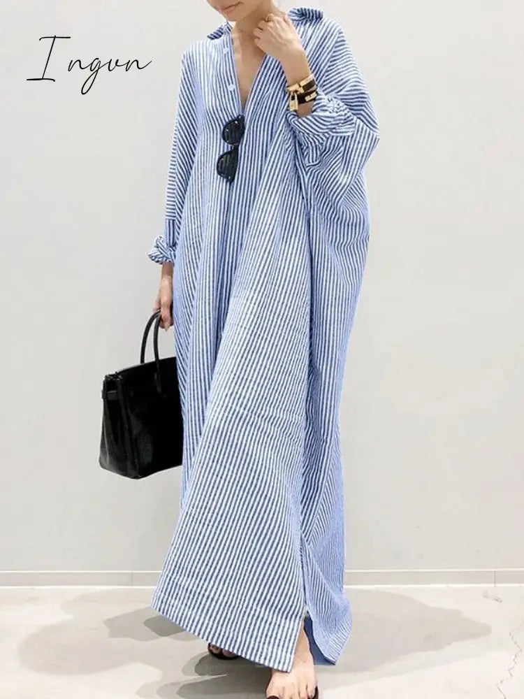 Ingvn - Summer New Dress Fashion Cotton Linen Striped Cardigan Loose Large Casual Temperament Commuter Irregular Women's Long Dress tops
