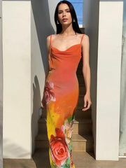 Ingvn  Summer Sexy Backless Flower Printed Long Slip Dress Streetwear Women's Sleeveless High Waist Bodycon Holiday Party Dresses