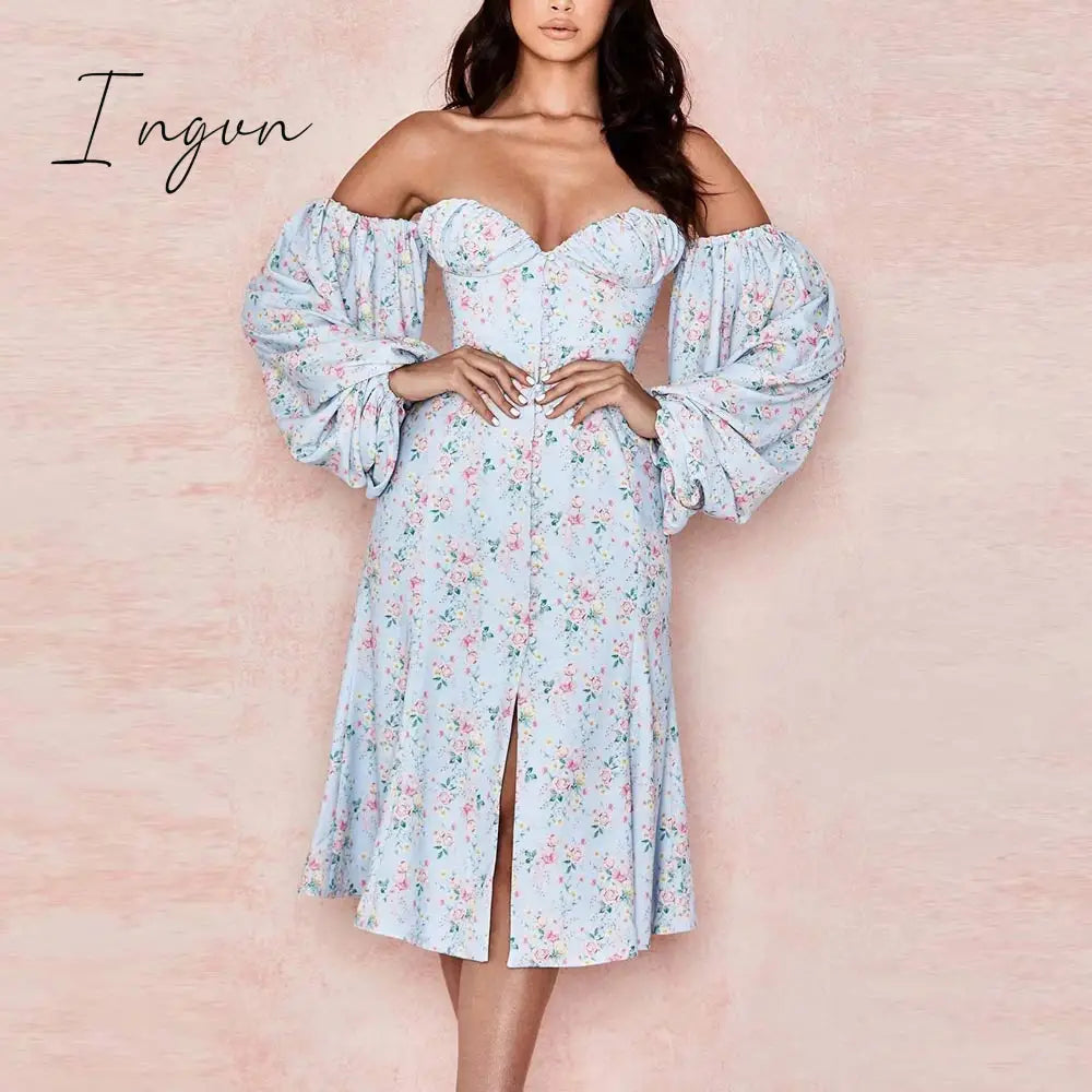 Ingvn - Vintage Solid Button Midi Dress Sexy Party Club Bodycon Strapless High Split Dresses Women Spring Autumn Casual Vestidos
