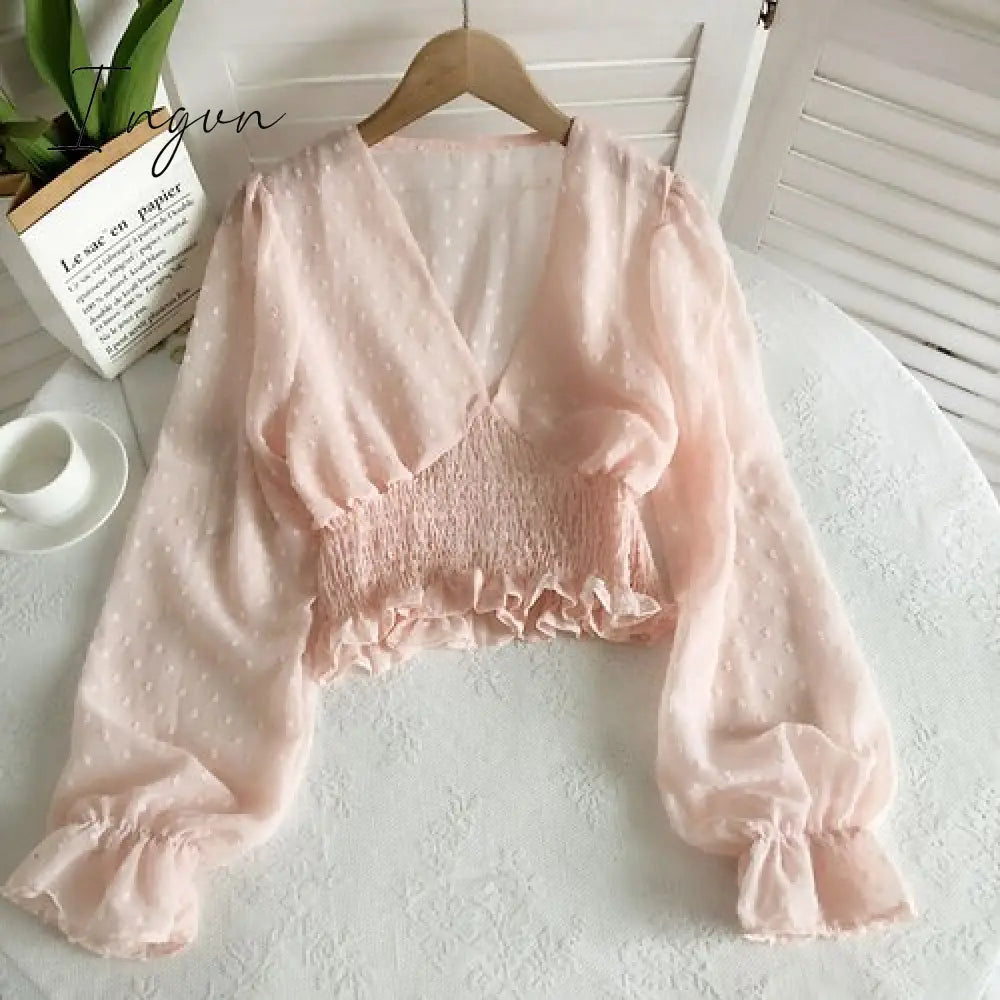 Ingvn - Women Fashion Spring Women Sweet Spot Blouse Ladies Fashion Chiffon Pullover Shirt V-neck Slim Long Puff Sleeve Folds Tunic Short Top