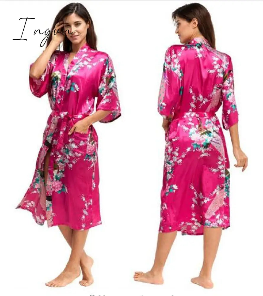 Ingvn - Silk Kimono Robe Bathrobe Women Satin Robe Silk Robes Night Sexy Robes Night Grow For Bridesmaid Summer Plus SizeS-XXXL