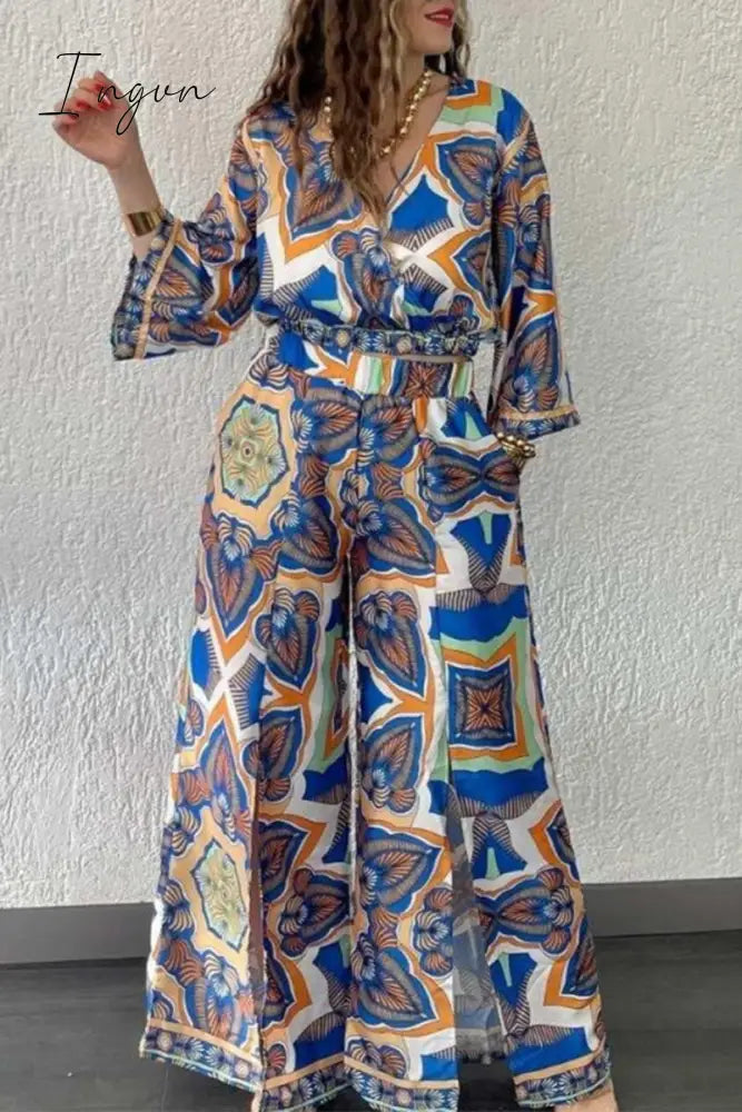 Ingvn- Casual Vintage Geometric Print Pocket Slit V Neck Long Sleeve Two Pieces