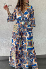 Ingvn- Casual Vintage Geometric Print Pocket Slit V Neck Long Sleeve Two Pieces