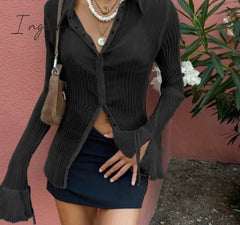 Ingvn - Autumn Women Sexy T Shirts Vintage Fashion V Neck Button Y2k See Through White Casual Long Sleeve Top Ladies
