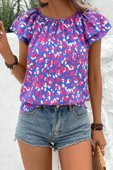 Ingvn - Printed Round Neck Flutter Sleeve Blouse