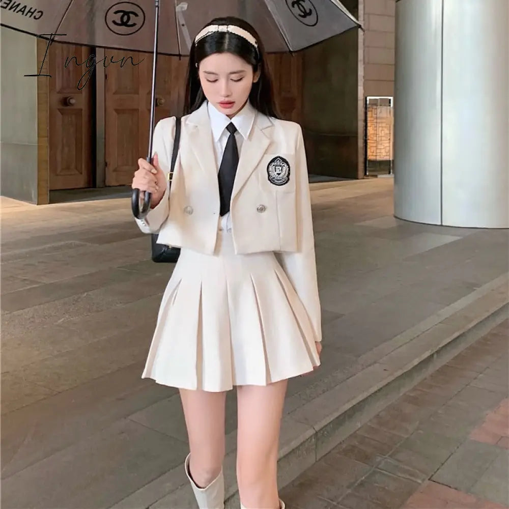 Ingvn - JK Blazer Skirt Set Female Short Suit Jacket + Pleated Skirt Spring Autumn Professional Wear Elegant Goddess Two-piece Set