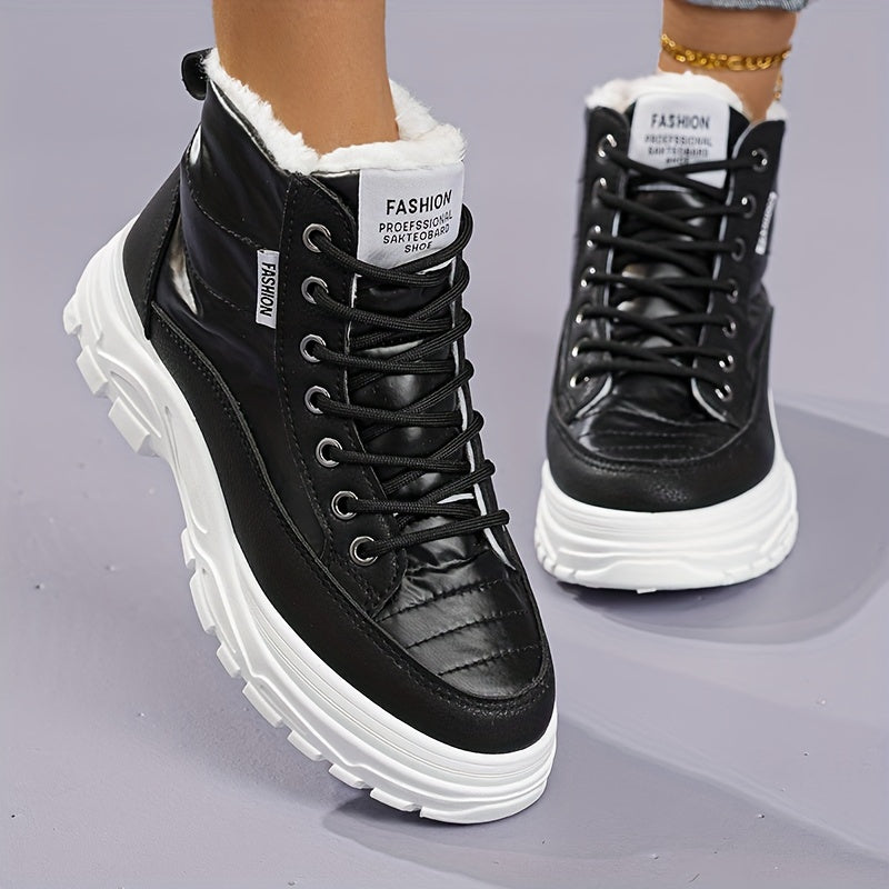 Women'S Winter Thickened Snow Boots High Top Platform Ankle Boots with Warm Fleece Lining, Solid Color, Round Toe, Low Heel, Fabric Insole, Polyurethane PU, Rubber Sole, Hand Washable