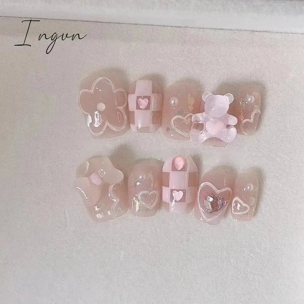 10Pcs Pink Cute Handmade Press on Nails Full Cover Bear Rhinestone Summer French Short False Nails Wearable Manicure Nail Tips