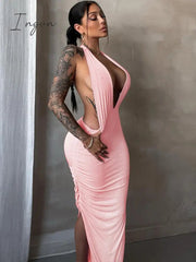 Ingvn - Elegant Deep V Neck Sexy Maxi Dress Women Pink Halter Sleeveless Backless Bodycon Split Party Club Long Dress Vestidos