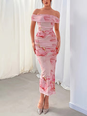 Elegant Floral Print Off Shoulder Dress - Backless Slim Side Split for Party & Banquet - Women's Clothing