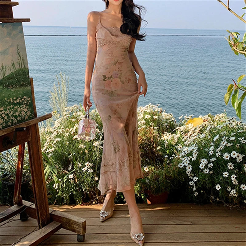 New in Summer Sexy Sling Lace Long Dress Print Chiffon Sleeveless Slim Romantic Office Lady Party Evening Dresses for Women