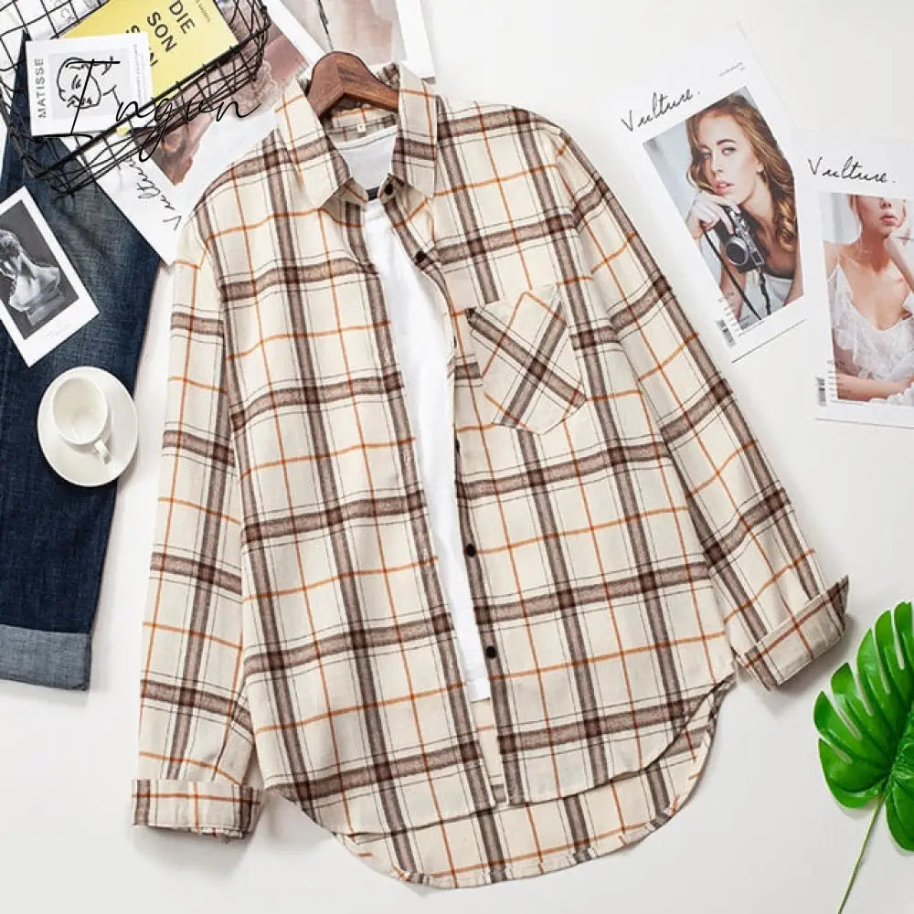 Ingvn - Plaid Shirts Women Top And Blouses Long Sleeve Oversized Cotton Ladies Casual Blusas One Pocket Loose Female Checked Shirt
