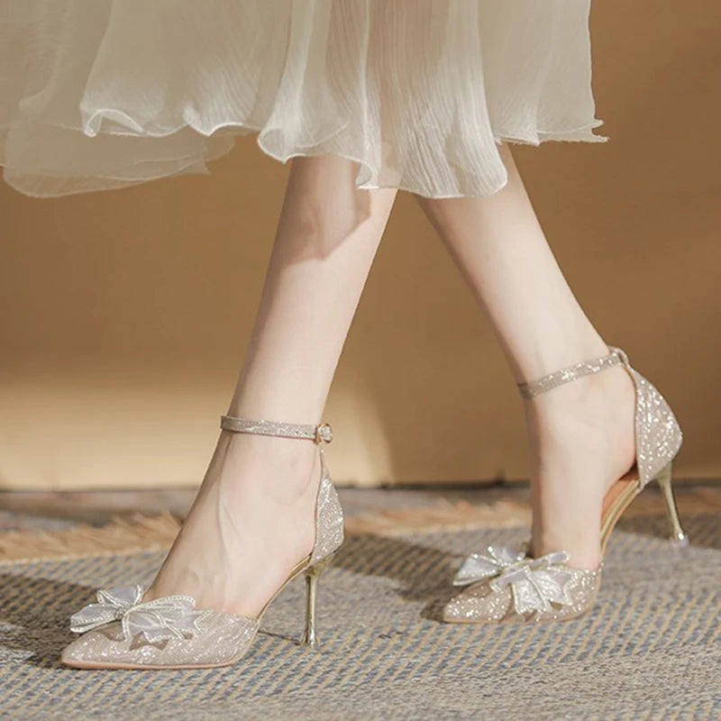 Ingvn  Elegant Silver High Heels Pumps Women Autumn Plus Size 42 Ankle Straps Party Shoes Woman Pointed Toe Bowtie Wedding Shoes