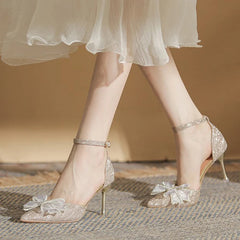 Ingvn  Elegant Silver High Heels Pumps Women Autumn Plus Size 42 Ankle Straps Party Shoes Woman Pointed Toe Bowtie Wedding Shoes