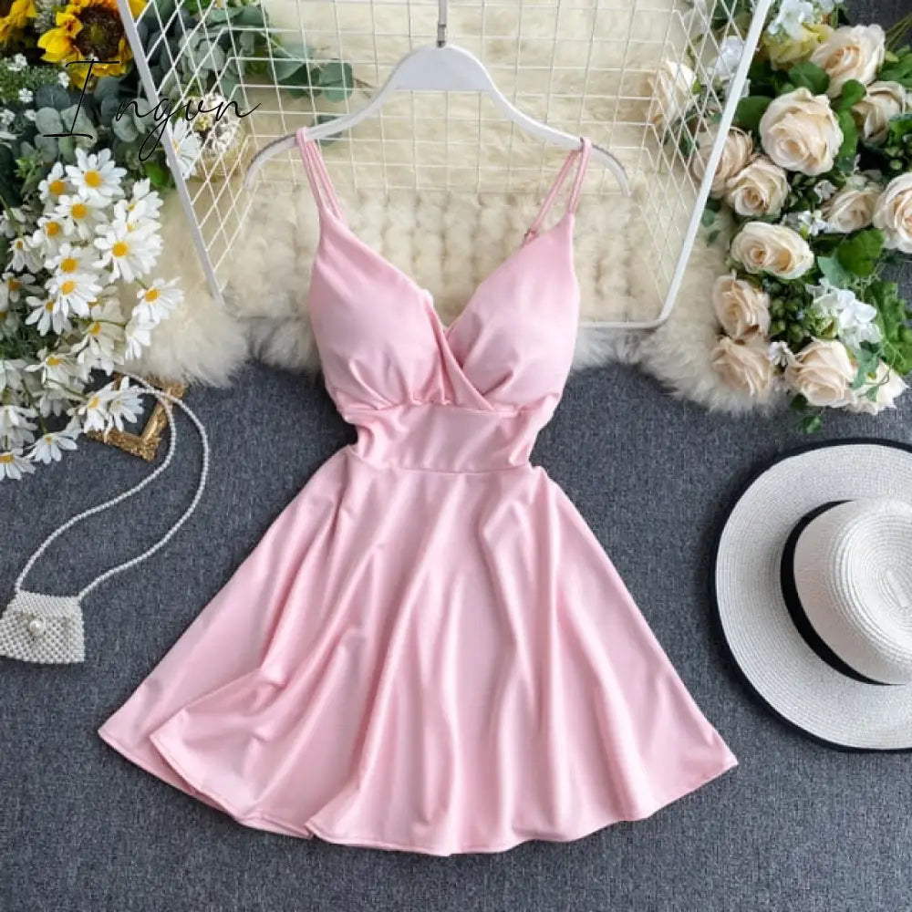 Ingvn - Women A-line Sexy Dress V-Neck Spaghetti Strap Backless Mini Dresses Soild Color Vestidos Slim Trend High Waist For Party