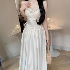 Elegant Evening Party Dresses for Women White Long Sleeveless Bodycone Dress Korean Midi Vintage Sweet Dress Chic