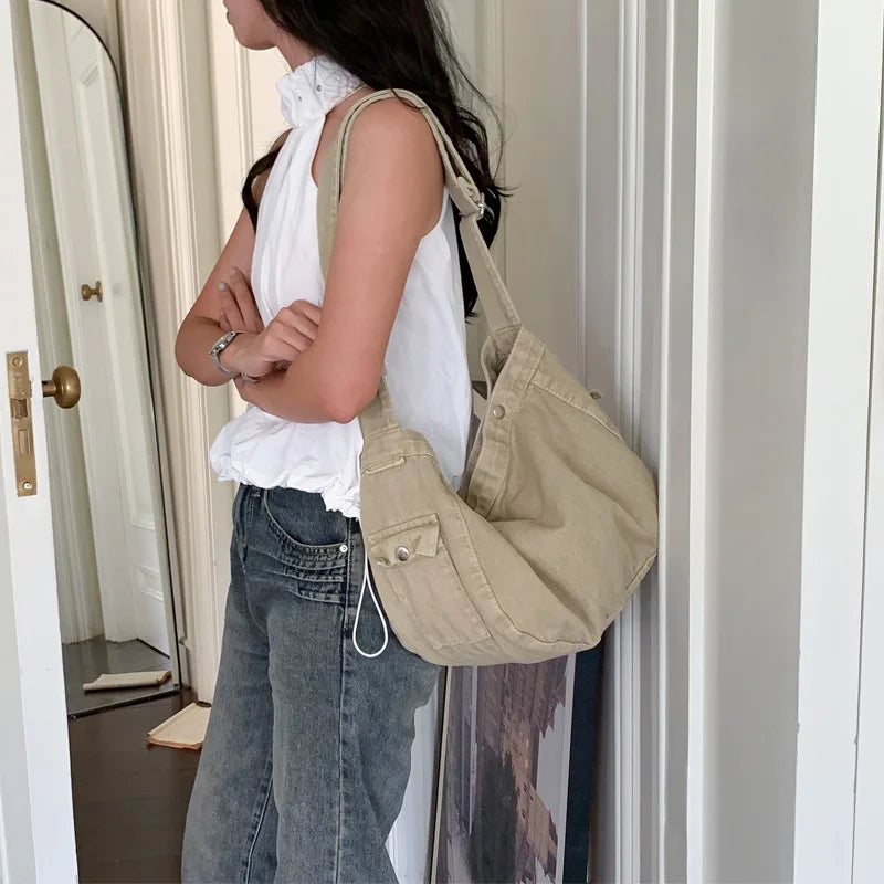 Ingvn  Large Capacity Women's Retro Canvas Shoulder Bag Solid Color Female Crossbody Bags Simple Design Ladies Tote Purse Handbags