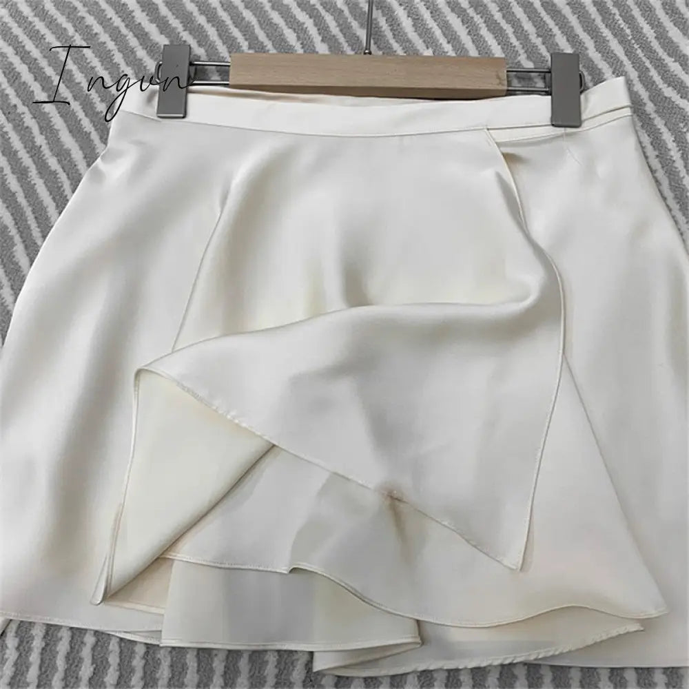 Ingvn - Casual Satin Two Piece Dress Set For Women White O-neck Button Top Bandage Mini Pencil Skirts Outfits Fashion Party Suit