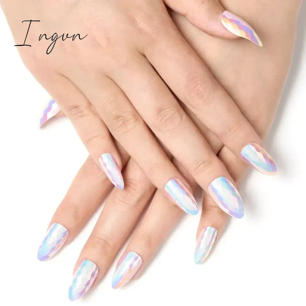 24pcs Luxurious Glossy Oval Purple Glitter Nails Press-On False Nails Set Cat Eye Stick on Nails with Sky Design for Women/Girls