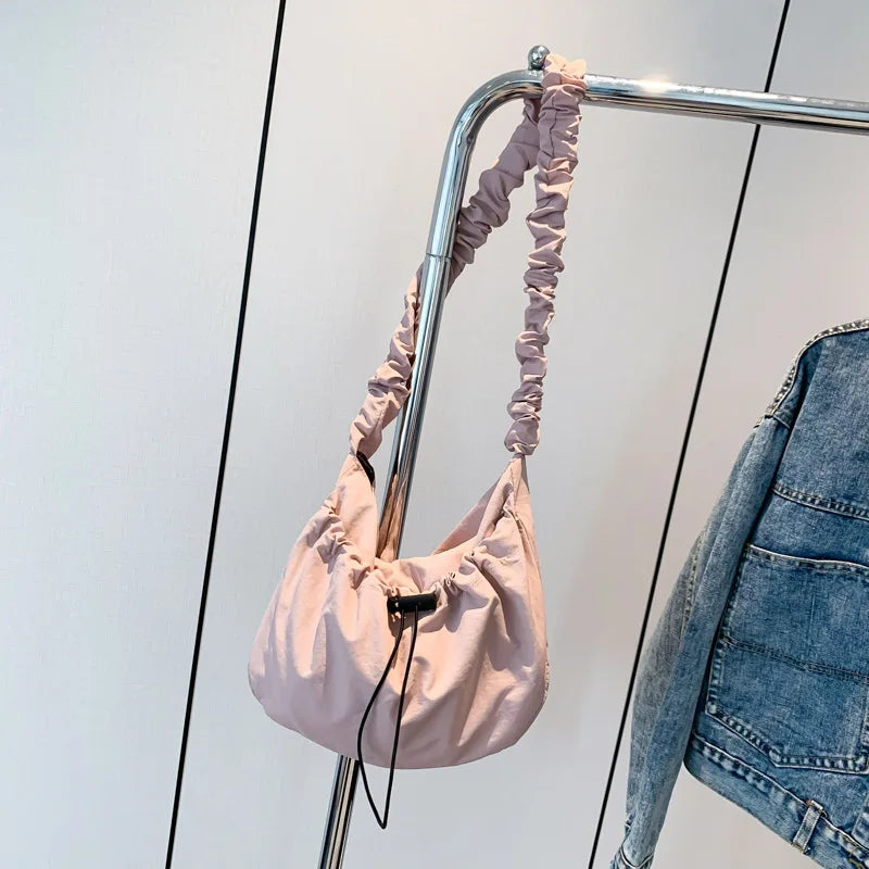 Ingvn  Soft Nylon Women's Drawstring Shoulder Bag Pleated Strap Female Hobos Crossbody Bags Large Capacity Ladies Solid Color Handbags